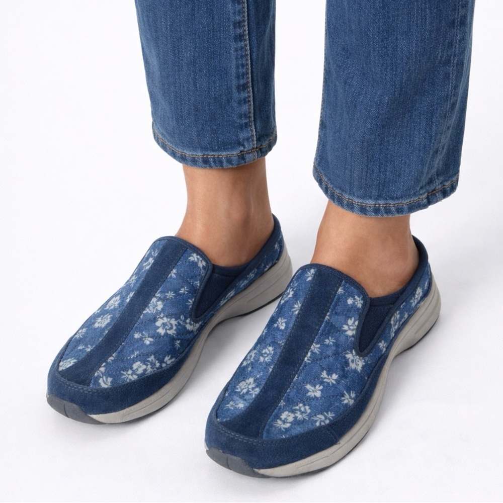 Easy Spirit Hot Race Mule Slip-On Shoes Blue Floral Denim Suede Trim Women’s 9M